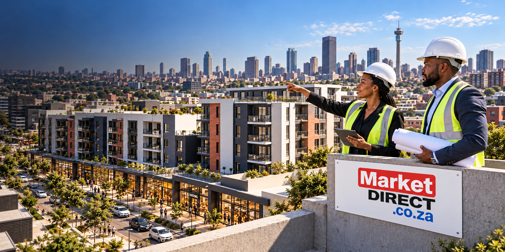 South African property development team overlooking a mixed-use development, with the MarketDirect.co.za logo