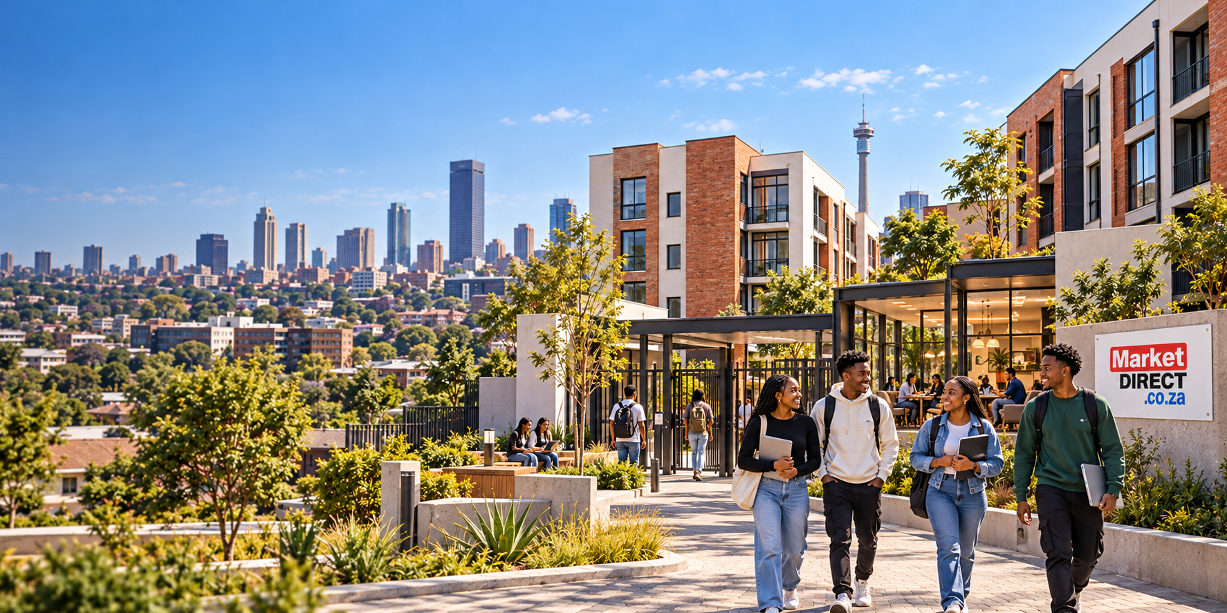 Students outside modern student residences in Gauteng, with shared study spaces and MarketDirect.co.za branding